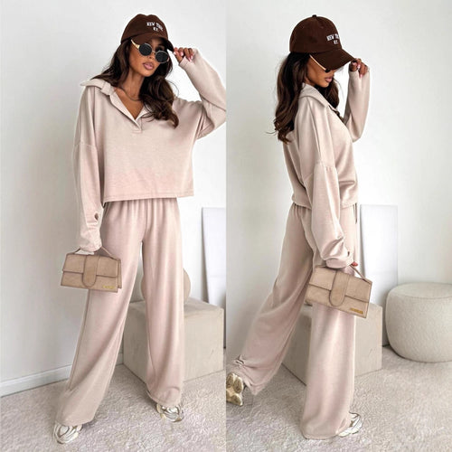Damen Loungewear-Zweiteiler mit Hemdkragen-Cropped-Sweatshirt und weiter Palazzo-Hose Nord Taschen