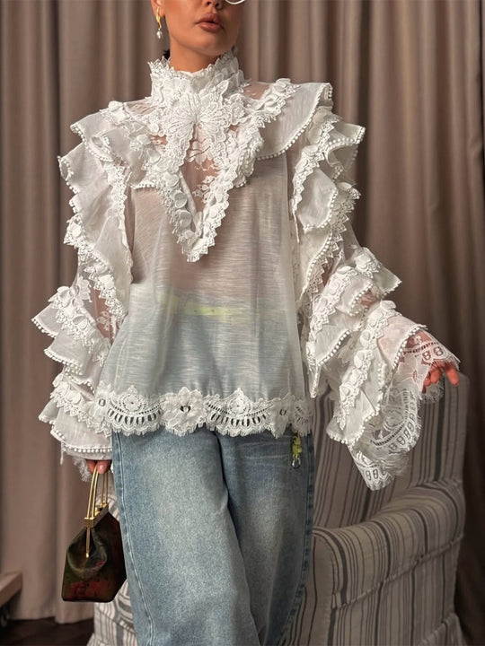 Damen Transparente Spitzenbluse mit Volant-Ärmeln und hohem Stehkragen Nord Taschen