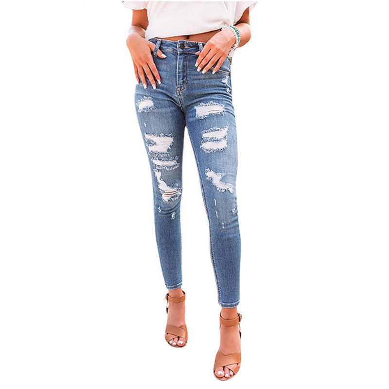 Damen hochgeschnittene Ripped-Skinny-Jeans mit Stretch, Five‑Pocket und figurformender Passform Nord Taschen