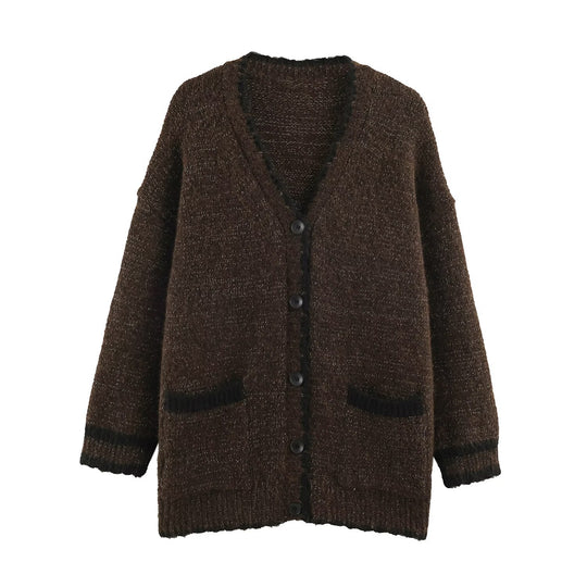 Damen Oversize Strickcardigan mit V-Ausschnitt, Knopfleiste und kontrastierenden Zierkanten Nord Taschen