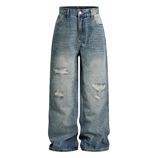 Damen Weite High‑Waist Denim-Palazzo-Jeans mit Destroyed-Details und Strassbesatz Nord Taschen