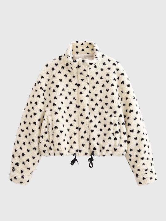 Damen Kurze Teddyjacke aus Sherpa‑Fleece mit Herzchenprint und Tunnelzug Nord Taschen