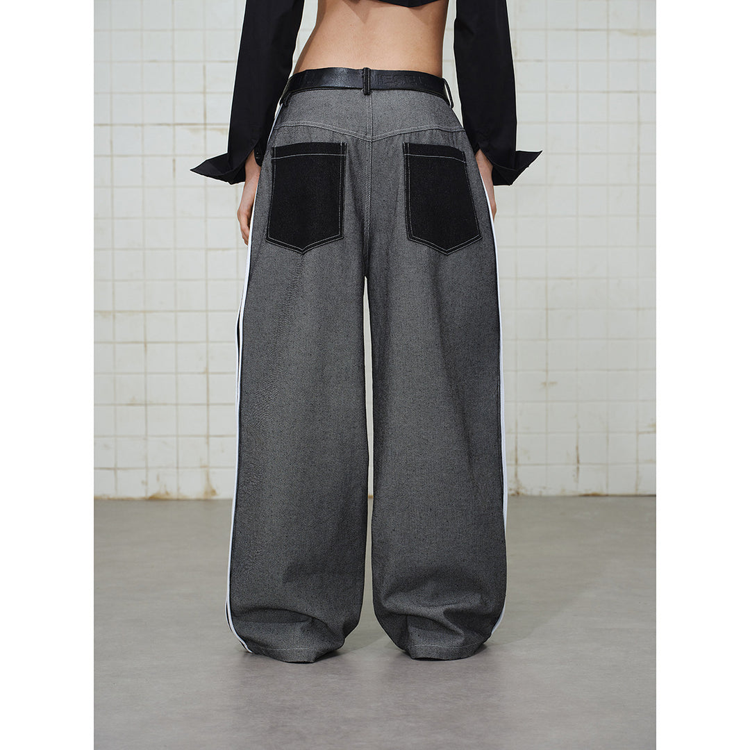 Damen Wide-Leg Cargo-Jeans mit aufgesetzten Grafik-Patches und Kontraststreifen Nord Taschen