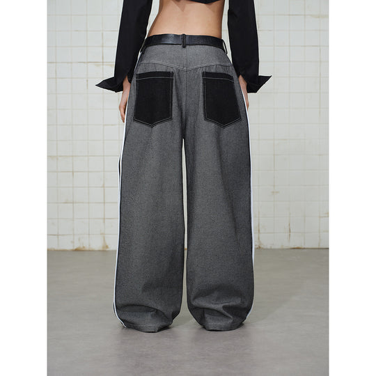 Damen Wide-Leg Cargo-Jeans mit aufgesetzten Grafik-Patches und Kontraststreifen Nord Taschen