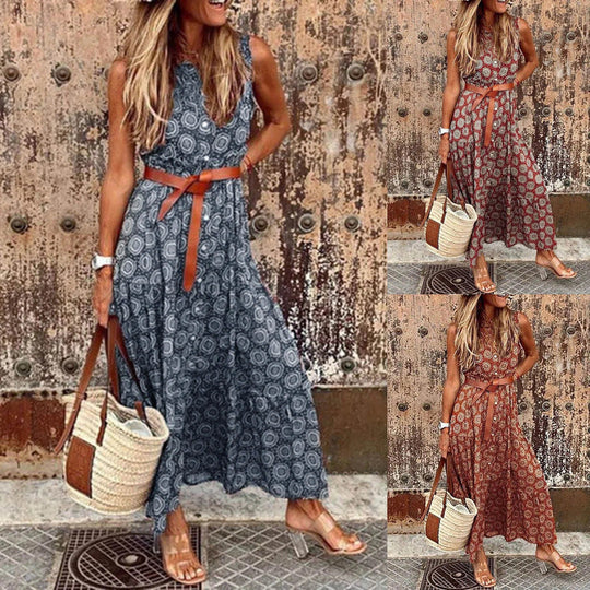 Damen Bohemian Maxi Kleid mit verstellbarem Gürtel