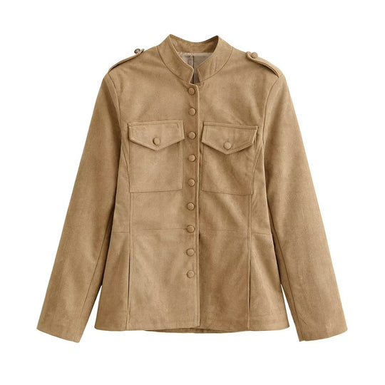 Damen Wildlederoptik Fieldjacke mit Stehkragen und Pattentaschen Nord Taschen