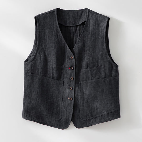 Damen Leichte Leinenweste im Utility-Look mit V-Ausschnitt und großen Aufgesetzten Taschen Nord Taschen