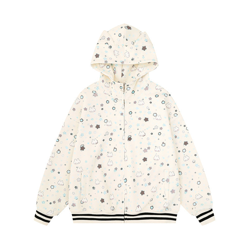 Damen Kapuzensweatjacke im Oversize‑Schnitt mit Komplettdruck, Reißverschluss und kontrastierenden Rippbündchen Nord Taschen