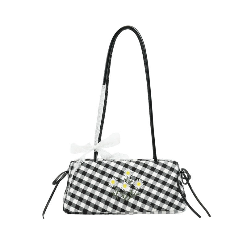 Damen Umhängetasche mit floralen Akzenten und verspieltem Karomuster Nord Taschen