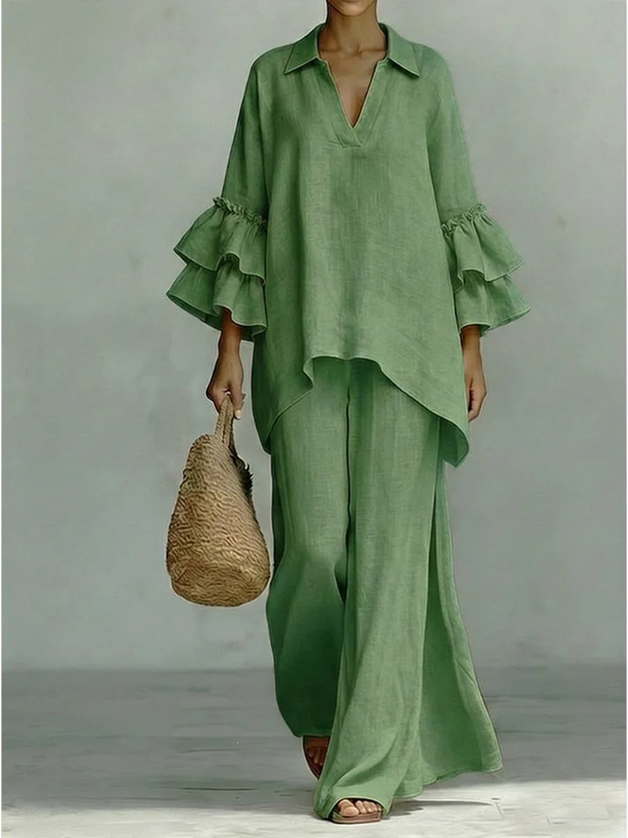Damen Leinen-Loungewear-Set mit Volantärmeln und weitem Palazzo-Hose Nord Taschen