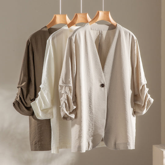 Damen Leichter Oversize-Blazer mit V-Ausschnitt, Ein-Knopf-Verschluss und gerafften Dreiviertelärmeln Nord Taschen