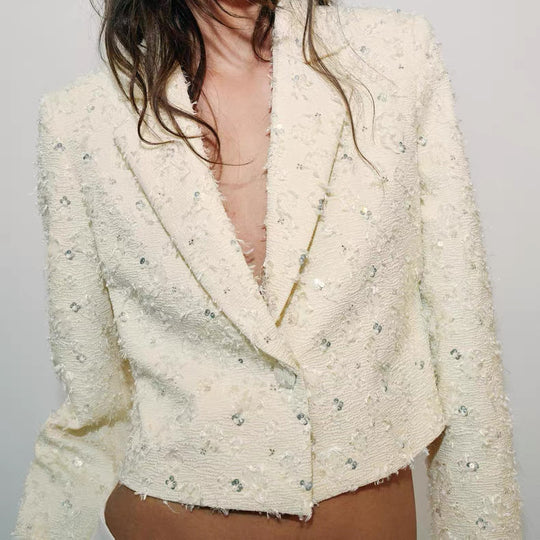 Damen Kurzer Bouclé-Blazer mit Paillettenbesatz und Reverskragen Nord Taschen