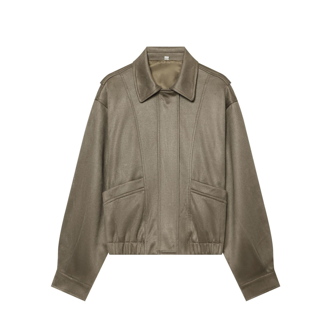 Damen Cropped Blousonjacke im Wildleder‑Look mit Hemdkragen, Epauletten und elastischem Bund Nord Taschen