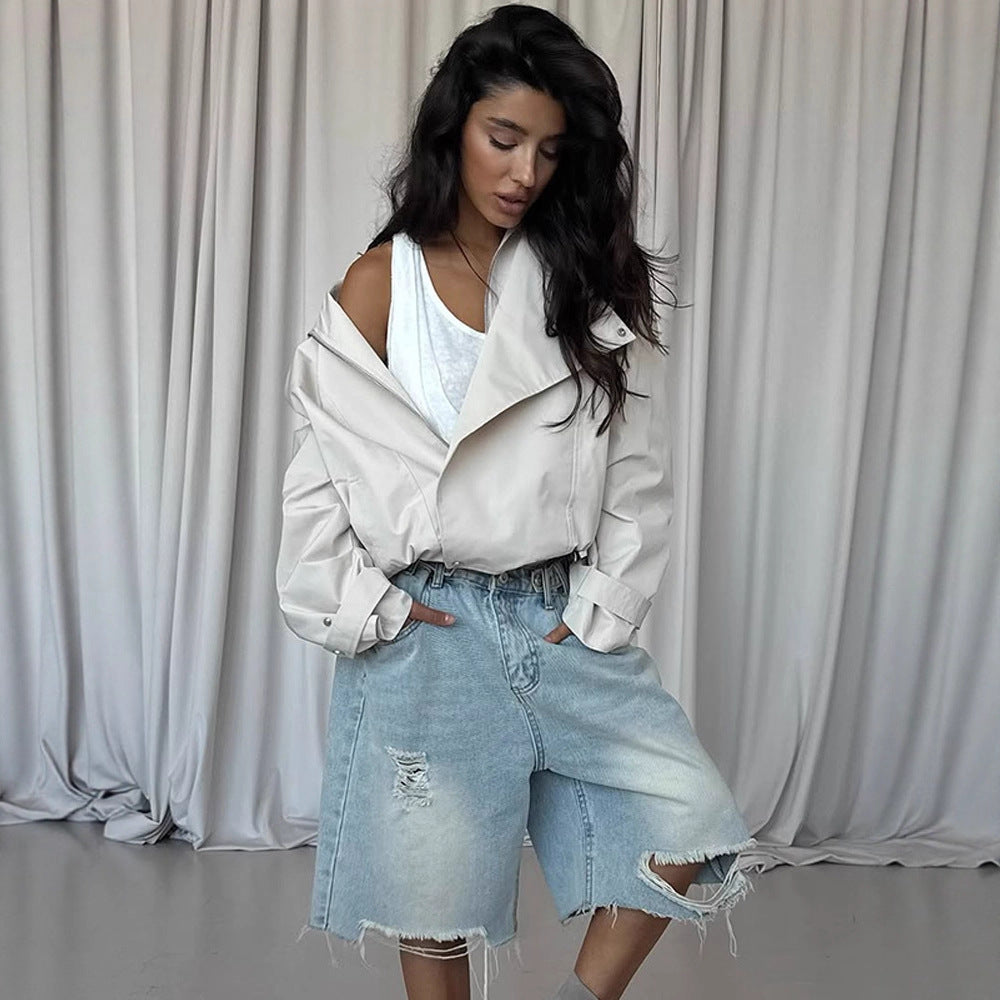 Damen Kurzjacke im Oversize-Look mit weitem Revers und Tunnelzug-Taillierung Nord Taschen