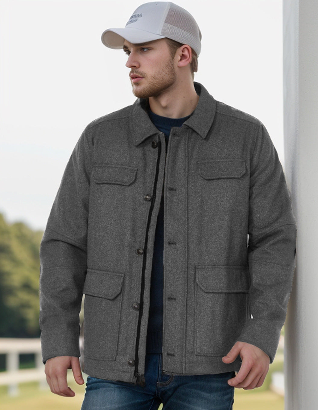 Herren Wollmix-Fieldjacke mit Pattentaschen, durchgehender Knopfleiste und Hemdkragen Nord Taschen