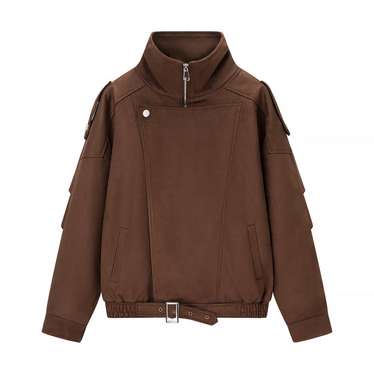 Damen Oversize-Bomberjacke im Velourslook mit hohem Stehkragen und Taillengürtel Nord Taschen