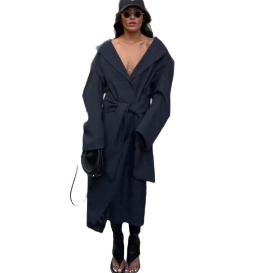 Damen Oversize Wickelmantel mit weitem Schalkragen und Bindegürtel Nord Taschen