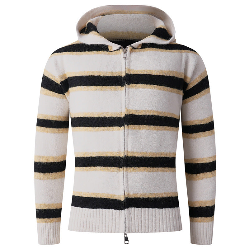 Herren Flauschige Kapuzen‑Strickjacke mit Doppelreißverschluss, Rippbündchen und horizontalem Streifenmuster Nord Taschen
