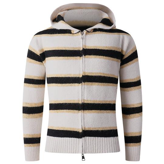 Herren Flauschige Kapuzen‑Strickjacke mit Doppelreißverschluss, Rippbündchen und horizontalem Streifenmuster Nord Taschen