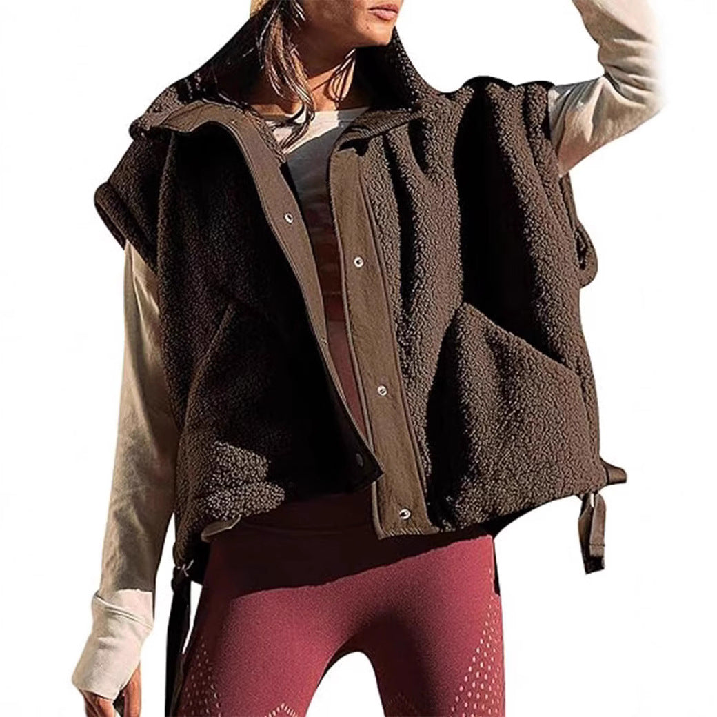 Damen Oversized Teddyweste mit Stehkragen, Druckknopfverschluss und Tunnelzug Nord Taschen