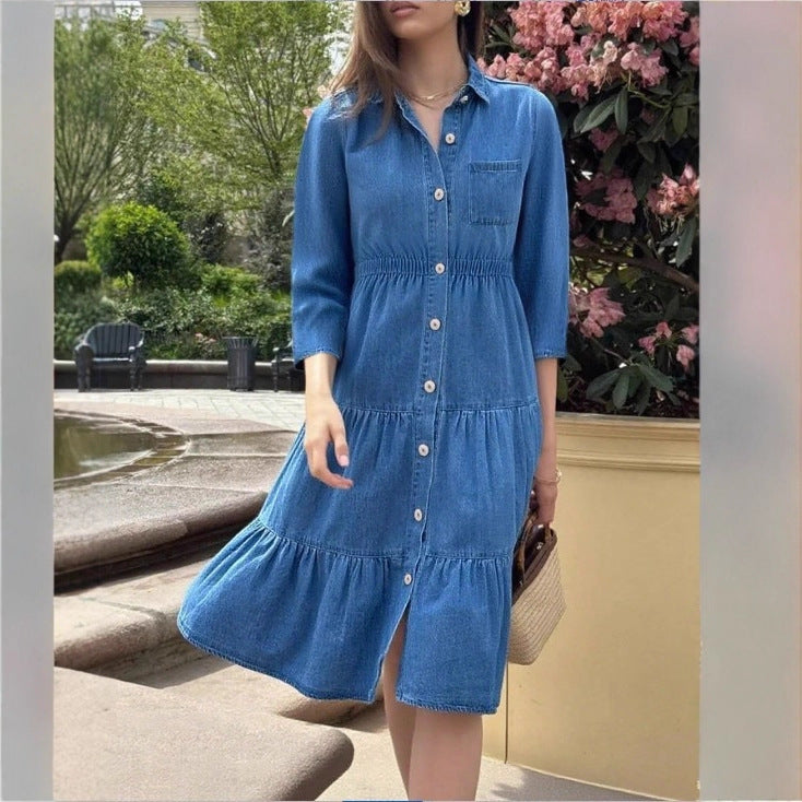 Damen Hemdblusenkleid aus Denim mit taillenbetonendem Gummizug, Knopfleiste & Stufenrock Nord Taschen