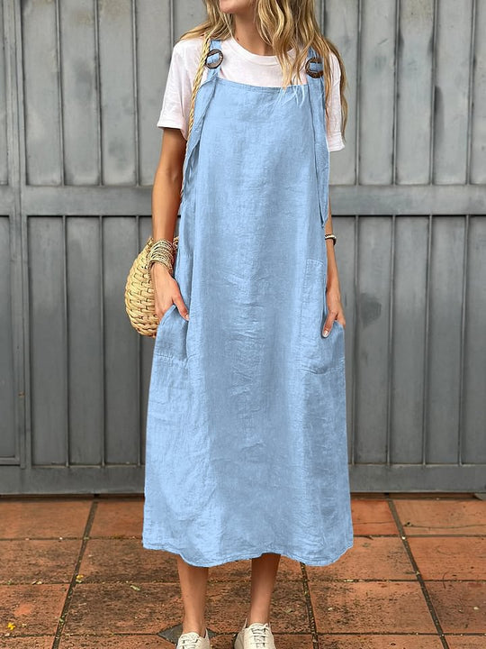 Damen Lässiges Leinen-Latzkleid mit praktischen Seitentaschen und verstellbaren Trägern Nord Taschen