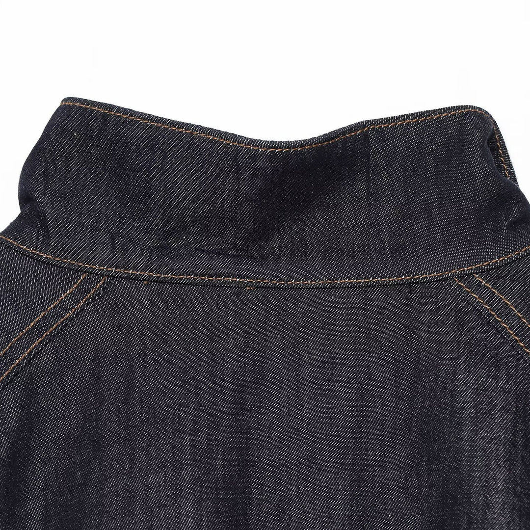 Damen Cropped Jeansjacke mit Taillengürtel, Stehkragen und Ballonärmeln Nord Taschen