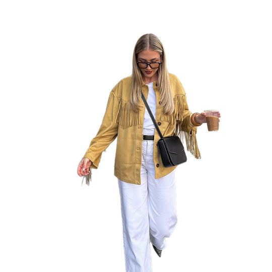 Damen Oversize Fransenjacke im Westernstil aus Veloursleder-Optik mit Hemdkragen Nord Taschen