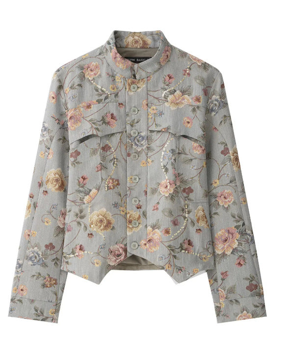 Damen Kurze Jacquard‑Blousonjacke mit Stehkragen, floraler Jacquard‑Stickerei und Pattentaschen Nord Taschen