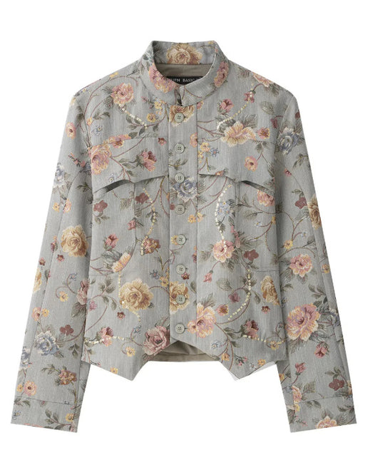 Damen Kurze Jacquard‑Blousonjacke mit Stehkragen, floraler Jacquard‑Stickerei und Pattentaschen Nord Taschen