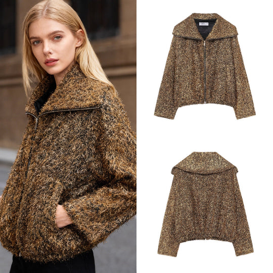 Damen Glitzernde Bouclé-Zipjacke mit weitem Kragen und cropped Boxy‑Schnitt Nord Taschen