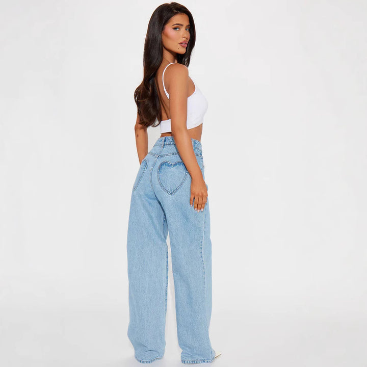 Damen hochgeschnittene Weitbein-Jeans mit taillierendem Bund, klassischem Five‑Pocket‑Schnitt und fließendem Bein Nord Taschen