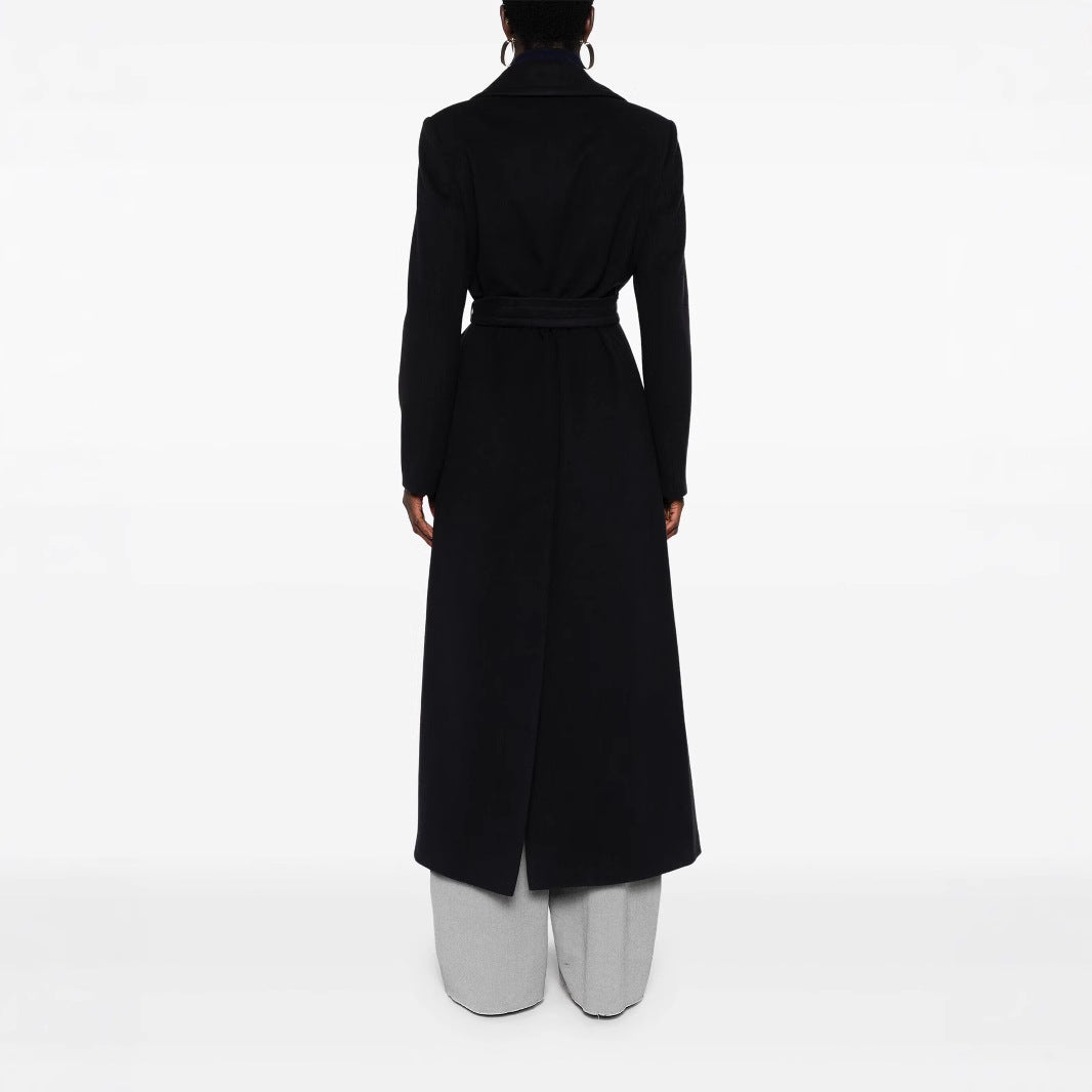 Damen Langer Wickelcoat aus Wollmix mit Bindegürtel und breitem Revers Nord Taschen