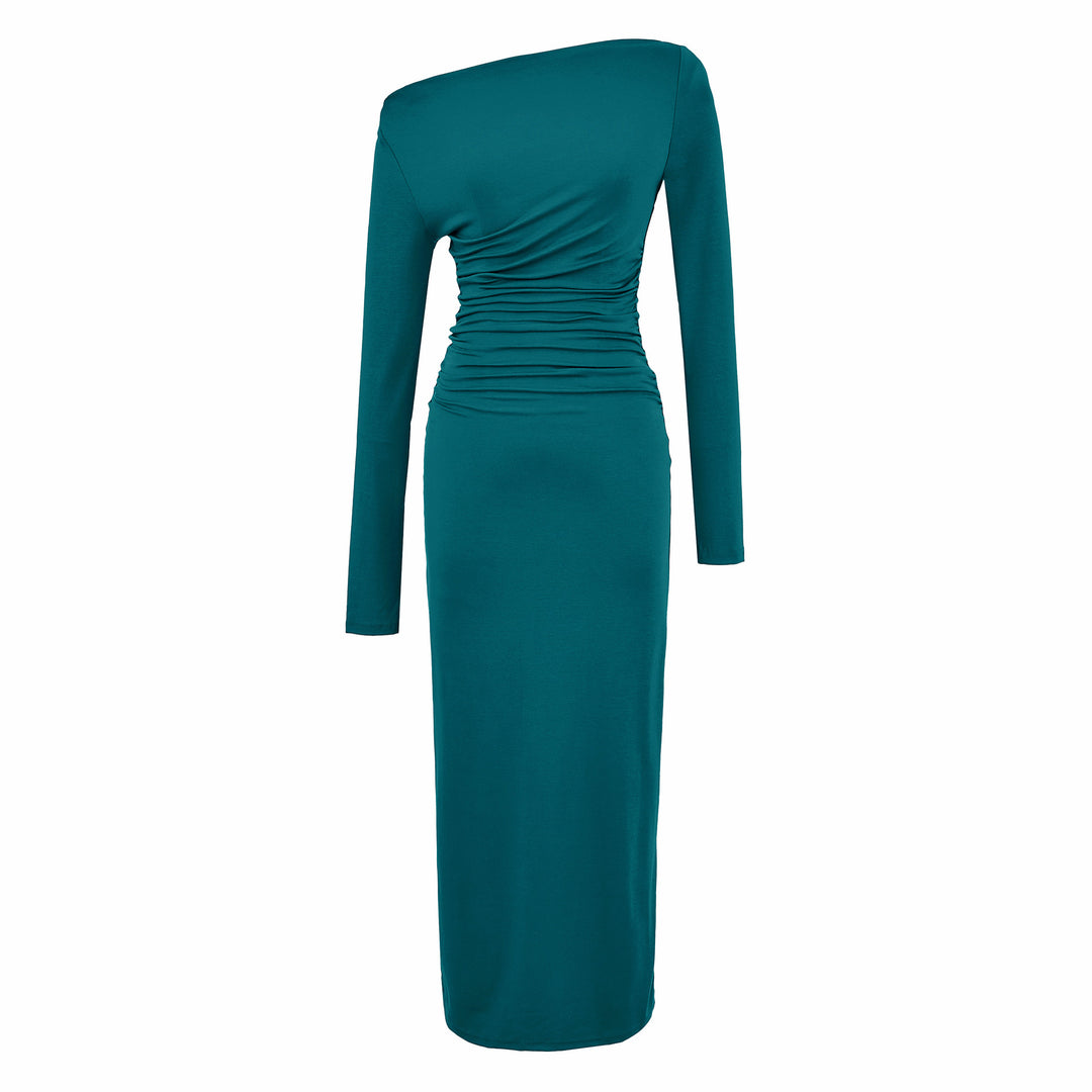 Damen Einschulter-Midikleid mit Langarm und seitlicher Raffung Nord Taschen