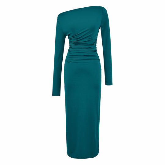 Damen Einschulter-Midikleid mit Langarm und seitlicher Raffung Nord Taschen