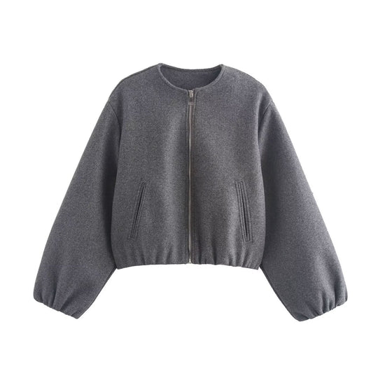 Damen Kurze Cropped-Bomberjacke im Velours-Suede-Look mit Rundhalsausschnitt, Reißverschluss und Ballonärmeln Nord Taschen