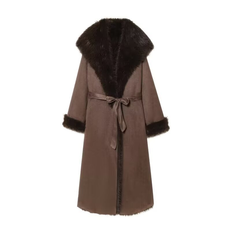 Damen Langer Lammfellimitat-Mantel mit Kapuze, Bindegürtel und Faux‑Fur‑Besatz Nord Taschen