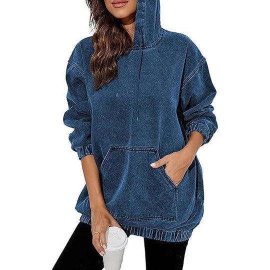Damen Oversize Kapuzenpullover aus verwaschenem Jeansstoff mit Kängurutasche Nord Taschen
