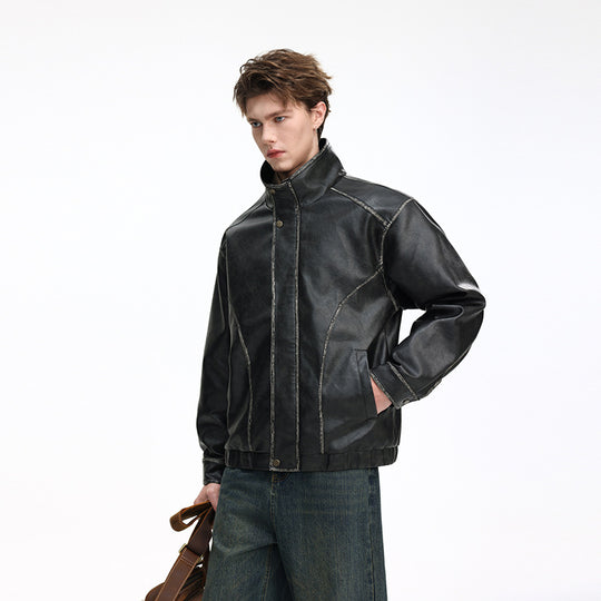 Herren Lederoptik-Blouson mit Stehkragen, Reißverschluss und Ziernähten Nord Taschen