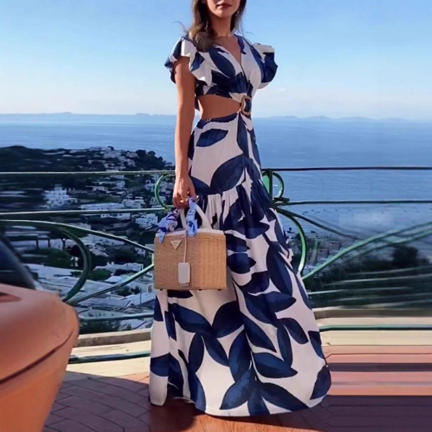 Damen Maxi-Kleid mit raffinierten Cut-Out-Details und voluminösen Rüschen Nord Taschen