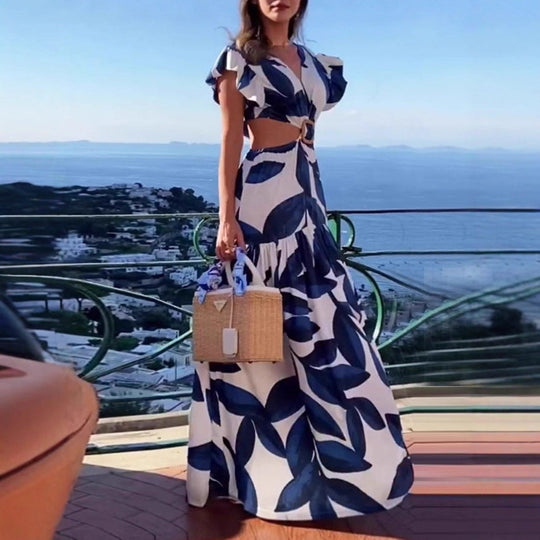Damen Maxi-Kleid mit raffinierten Cut-Out-Details und voluminösen Rüschen Nord Taschen