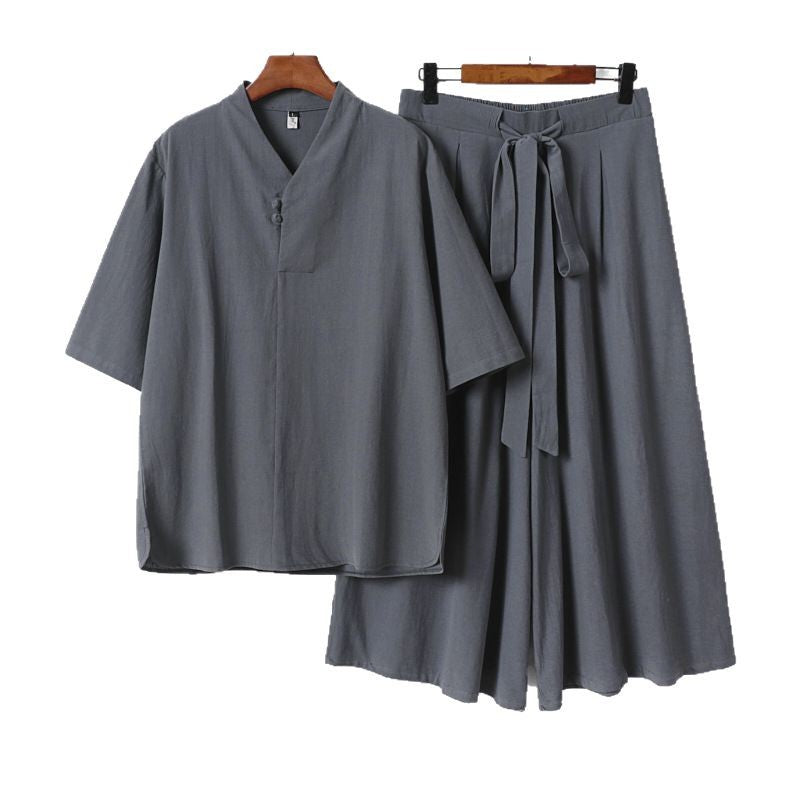 Unisex Zweiteiliges Kimono-Lounge-Set mit Stehkragen Kurzarmtop und weiter Bindbundhose Nord Taschen