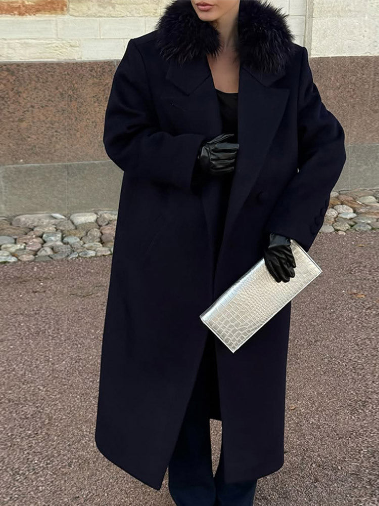 Damen langer Wollmix-Mantel mit großzügigem Kunstpelz‑Schalkragen und Oversize‑Schnitt Nord Taschen