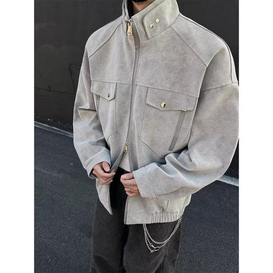 Herren Oversized Wildleder-Optik Utility-Jacke mit hohem Stehkragen Nord Taschen