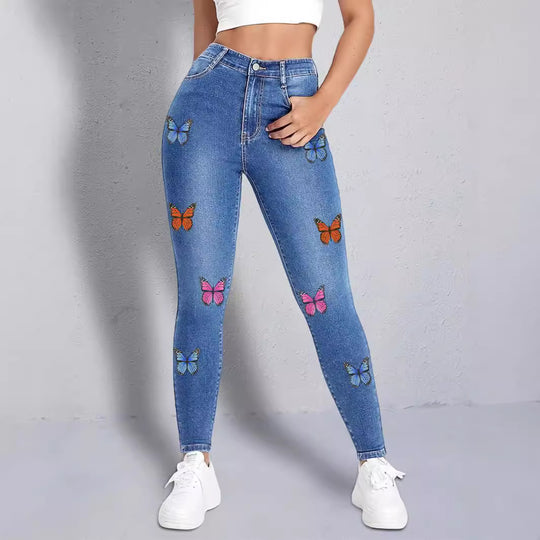 Damen enganliegende High‑Waist Jeansleggings mit buntem Schmetterling-Print Nord Taschen