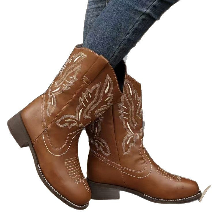Damen Western-Cowboystiefel mit spitzer Kappe, gesticktem Schaft und mittlerem Blockabsatz Nord Taschen