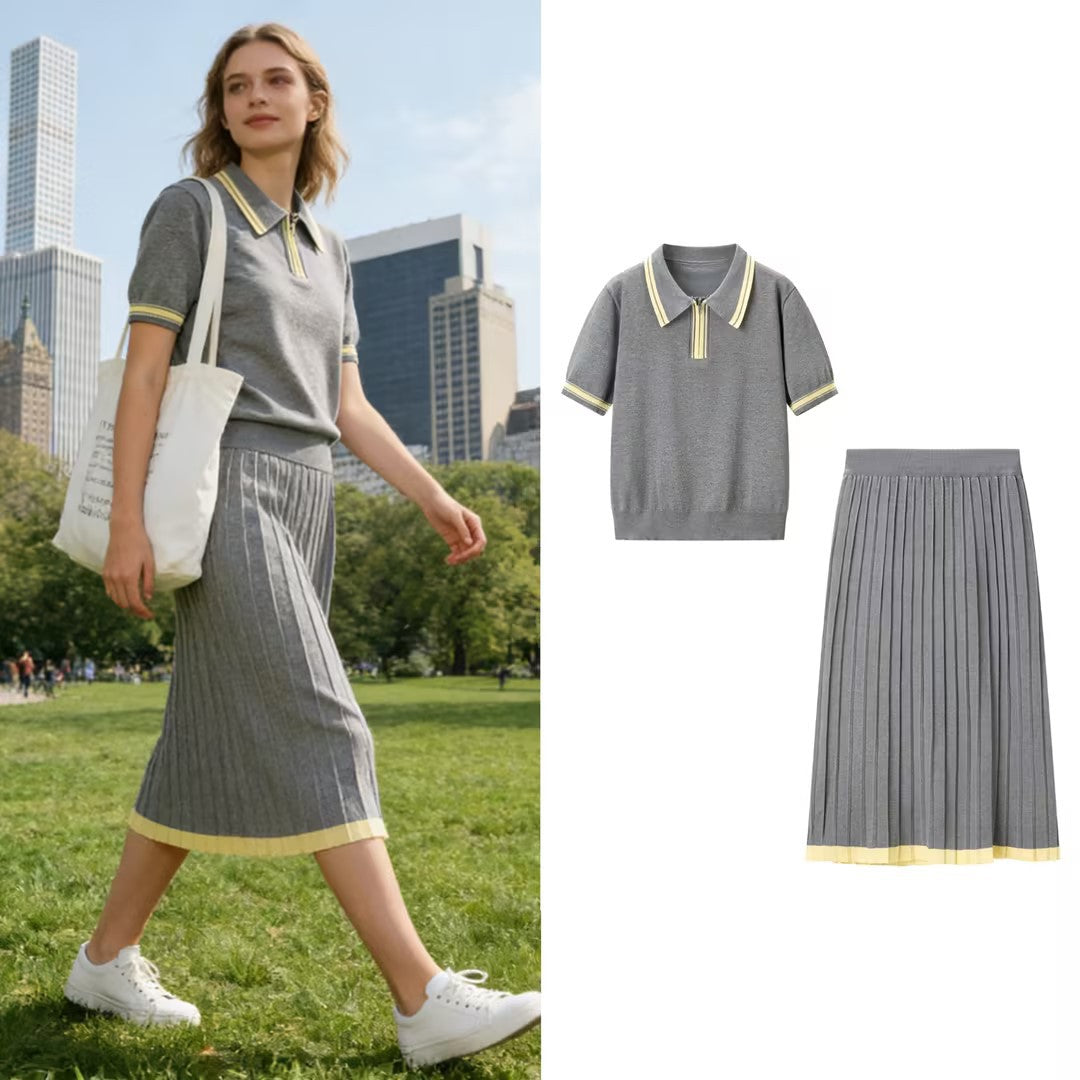 Damen Zweiteiliges Strick-Set mit Poloshirt und plissiertem Midirock Nord Taschen