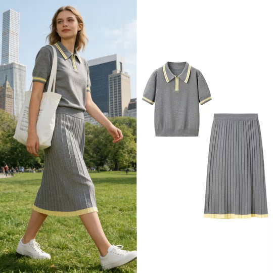 Damen Zweiteiliges Strick-Set mit Poloshirt und plissiertem Midirock Nord Taschen