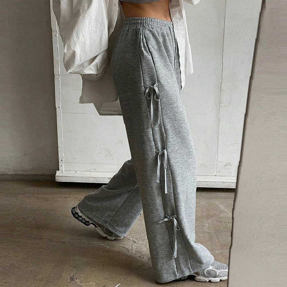 Damen lockere Wide‑Leg Loungehose mit elastischem Bund, Kordelzug und seitlichen Zierschleifen Nord Taschen