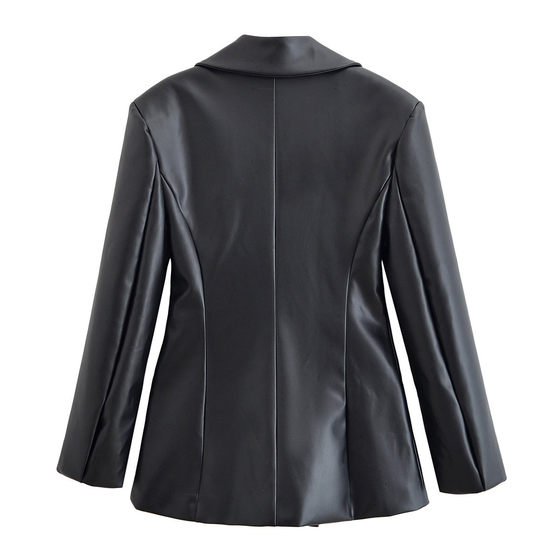 Damen Taillierter Longline-Kunstlederblazer mit Ein-Knopf-Verschluss und Pattentaschen Nord Taschen